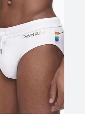Calvin Klein White Swim Briefs with Rainbow Logo Detail